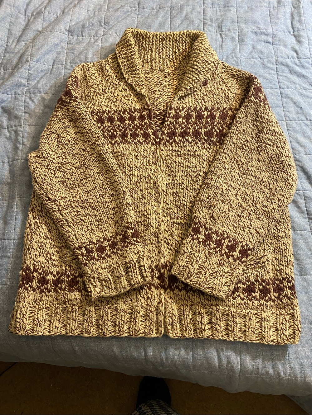 Handmade Cowichan Wool Shawl Collar Women Sweater - Cream and Brown